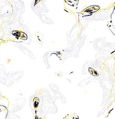 Abstract, ethereal, and swirling patterns in shades of pale purple, navy, and gold on a white background