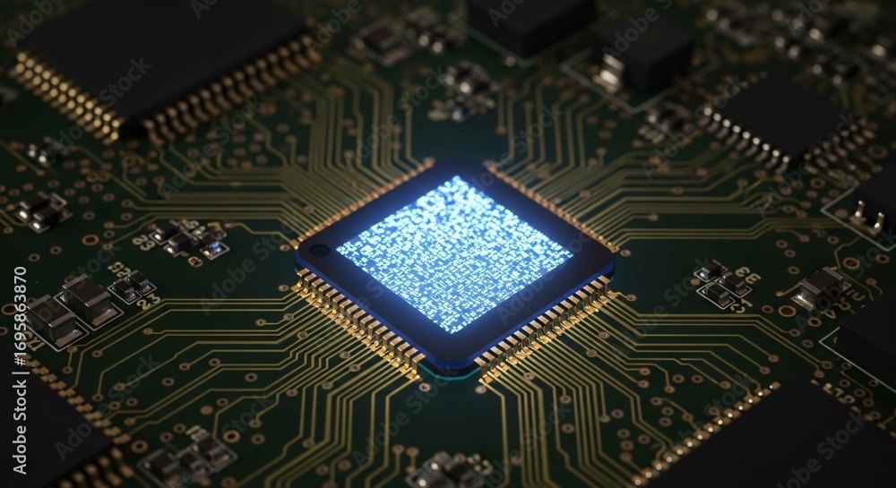 Poster modern circuit board with glowing processor showcasing technology and innovation