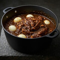 a large, dark-hued pot of "Relleno Negro" on a stone surface. The dark, mole-like sauce is rich with a variety of chiles, and the dish is artfully presented with pieces of turkey and hard-boiled eggs.