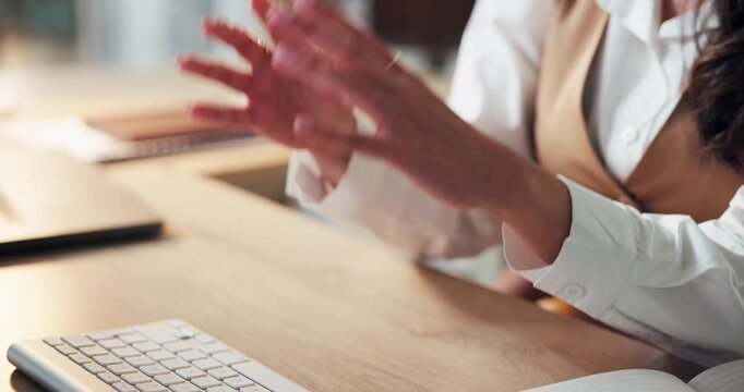 Hands, explain and business woman with webinar, video call or upskill workshop with discussion. Person, computer with keyboard and gesture for virtual coaching or corporate training online seminar