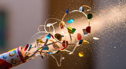 Festive party popper exploding with colorful confetti and streamers celebrating a special occasion