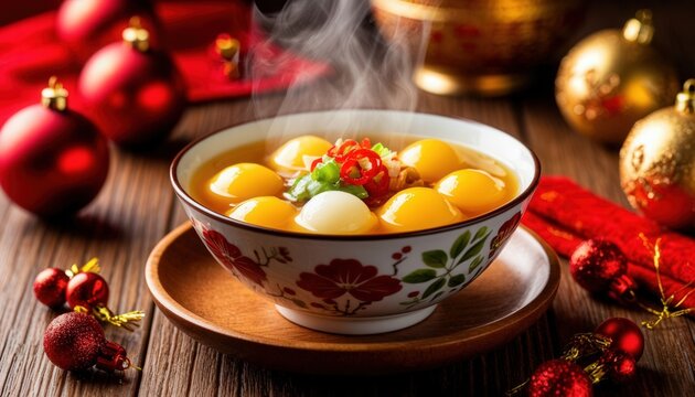 Close-up of colorful tangyuan in sweet ginger soup, steam rising from a porcelain bowl on a wooden table with red and gold decorations. Perfect for holiday branding and Dongzhi Festival campaigns.