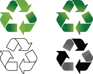 Four variations of the universal recycling symbol in green black and outline