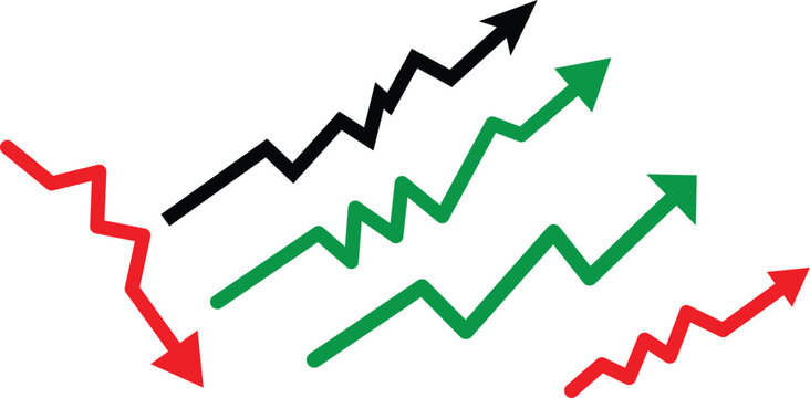 Set of colorful zigzag arrows representing financial market trends, showing growth and decline
