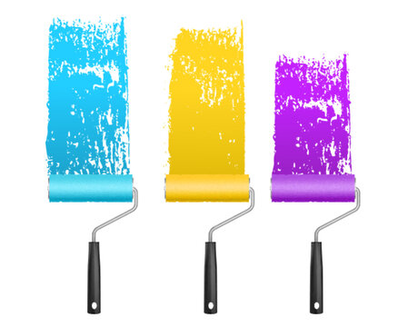 Paint roller brush set with vibrant stroke patterns - blue, yellow and purple colors on metal handles with black grips. Textured rectangular shapes with professional tools for wall decoration.