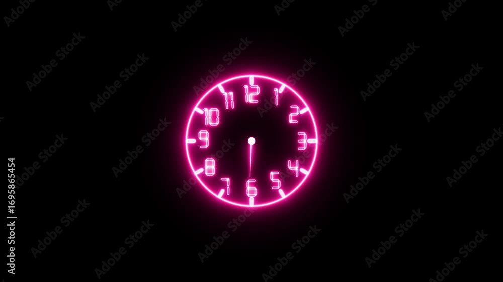 Poster glowing neon purple color clock icon animation. neon spinning clock icon animation. circle watch tim