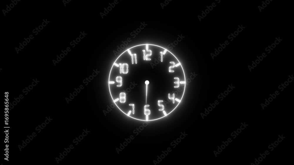 Poster glowing neon white color clock icon animation. neon spinning clock icon animation. circle watch time