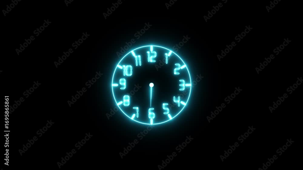 Poster glowing neon cyan color clock icon animation. neon spinning clock icon animation. circle watch timer