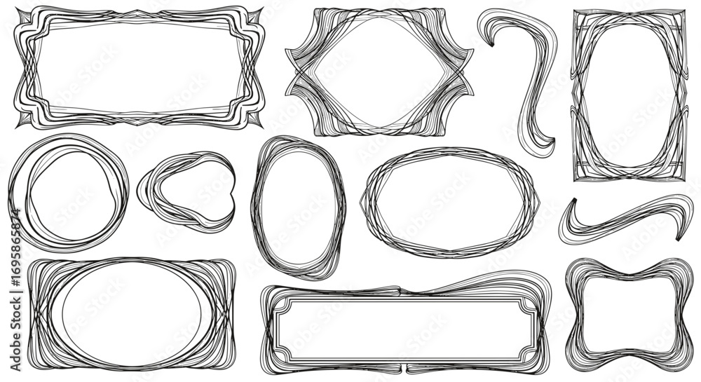 Poster collection of twelve artistic frames with abstract line art designs