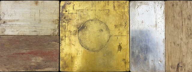 Abstract composition of four rectangular panels in varying muted tones of wood, gold, and metal