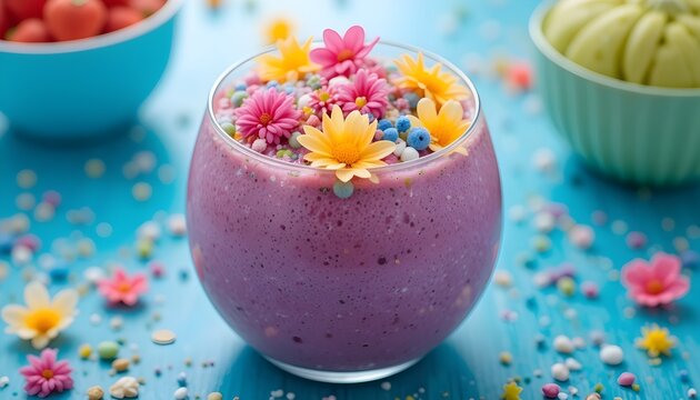 Bol de smoothie color&eacute; garni de fleurs comestibles et de paillettes.