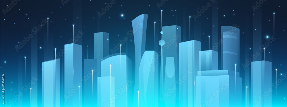 Poster tech data city with ai visualization - glowing blue abstract buildings and digital skyline on dark b