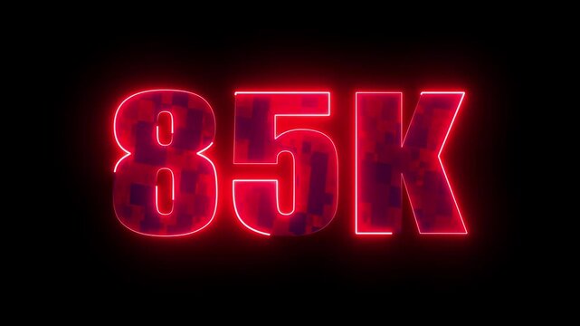 85k glowing neon red typography, futuristic milestone number design for online subscribers success, social media growth and digital community celebration