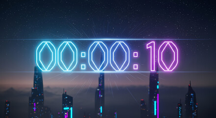 Countdown to launch with neon numbers above the futuristic cityscape at zero hour ten seconds