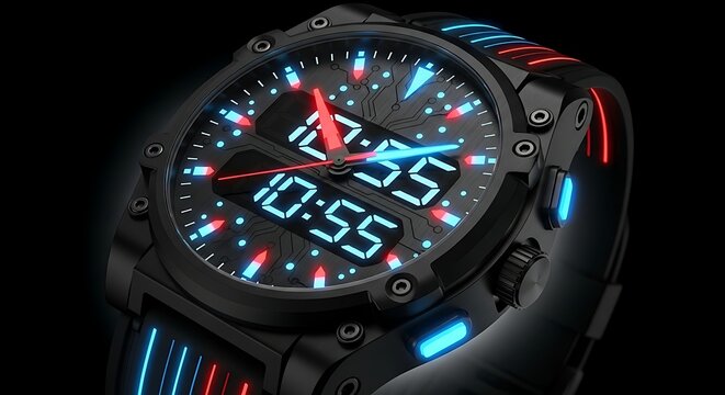 Sleek Timepiece: A Close-Up of a Modern Black Watch with Digital and Analog Display, Featuring Red and Blue Lighting.