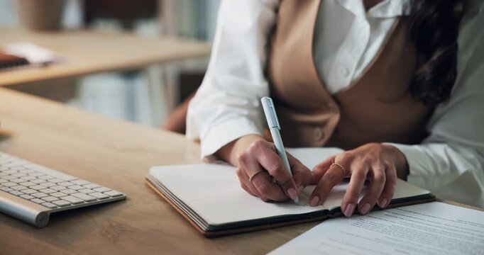 Hands, businesswoman or typing on computer with notes for news column, story source or blog editing. Journalist, tech and notebook at publishing agency for writing headline ideas and article research