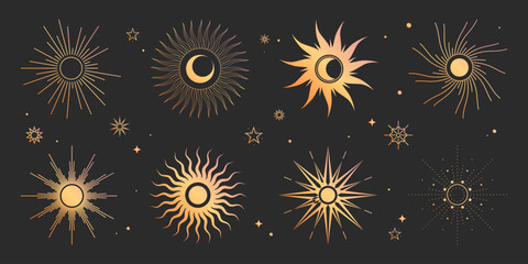 Celestial boho set with gold sun designs and moon crescents on dark background for mystical or astrology projects. Radiating rays with stars and cosmic elements. Decorative spiritual symbols.