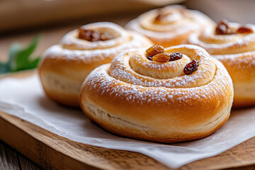 Fototapeta premium Traditional Weckmann sweet bread rolls with raisins and small pipe on parchment paper, freshly baked German Martinstag festive pastry symbol, copy space