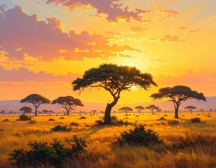 Obraz premium A breathtaking African savanna panorama at golden hour, showcasing tall acacia trees silhouetted against a vibrant sunset sky.