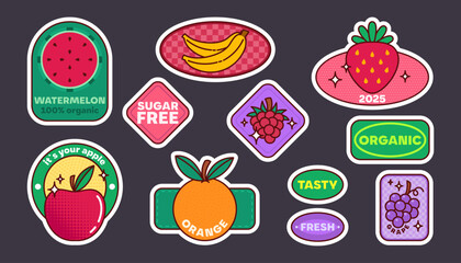 Vibrant retro fruit sticker set with watermelon and banana, strawberry and grape designs for product labels or packaging. Colorful badges with organic vintage patterns. Fresh food branding elements.
