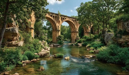 Obraz premium Arched Bridge Over Calm Stream in Lush Nature Setting