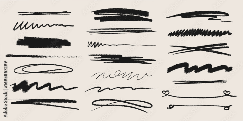 Poster hand drawn crayon stripe collection with rough textured marks and organic shapes. black charcoal bru