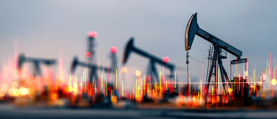 Image of oil price chart and crude oil drilling field background which is a source of indicator of global economy. Ai generate.