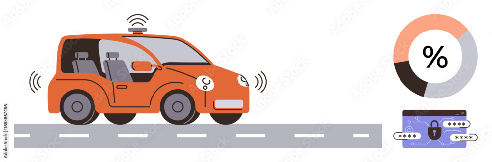 Aufkleber self-driving car emitting wireless signals, pie chart representing data analysis, and secure wallet 