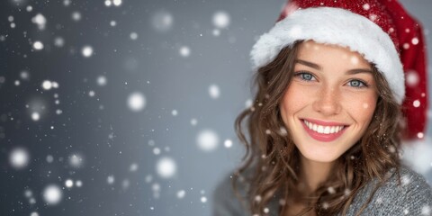 Young beautiful smiling woman wearing santa Claus hat on grey background snowing
