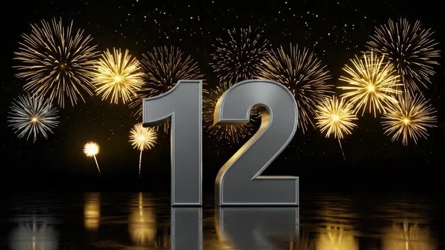 3D silver number 12 with golden fireworks in the background, perfect for countdowns, celebrations, and New Year events