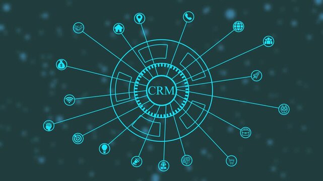 Futuristic CRM network diagram with glowing blue lines and icons on a dark background Customer Relationship Management - Powered by Adobe
