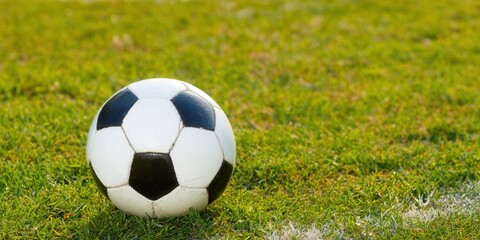 Fototapeta premium A classic black and white soccer ball sitting on a lush, green field, ready for play.