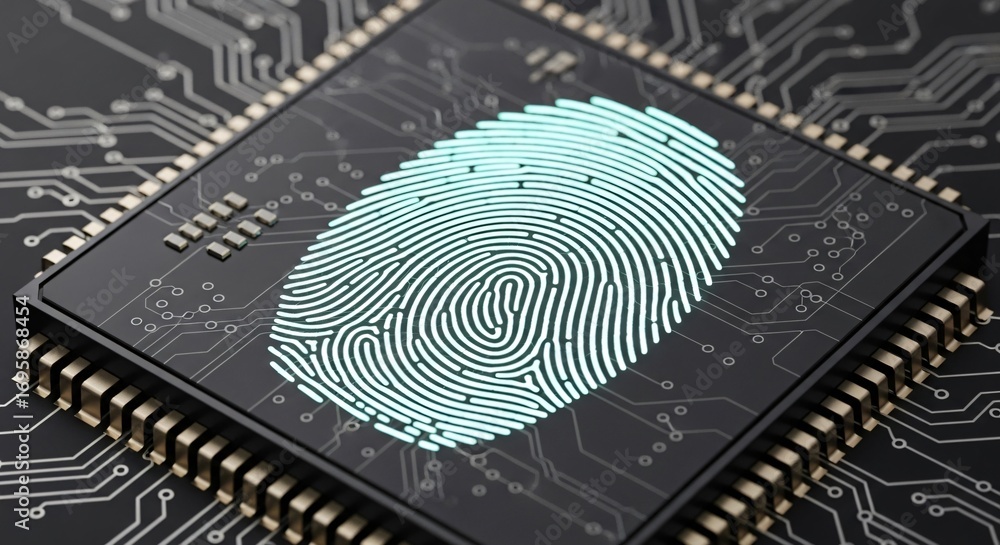 Poster digital fingerprint scan on advanced microchip for secure identification