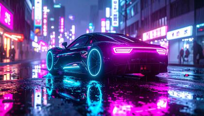 Futuristic car with neon lights in a cyberpunk city at night.