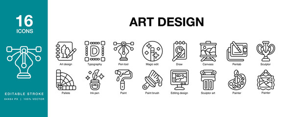 Art Design icon set. Includes art, design, graphic, modern, pattern, and More. Editable Stroke Icon Collection.