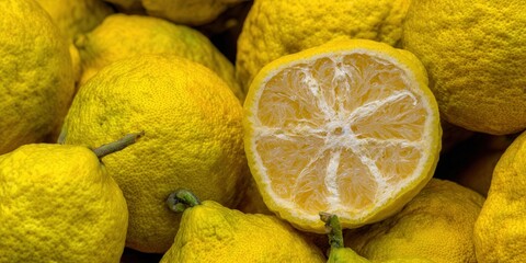 Close-up of fresh lemons, with one cut open, showcasing its juicy and vibrant interior.
