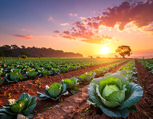 Serene sunset over a vast green cabbage field with a time-lapse effect