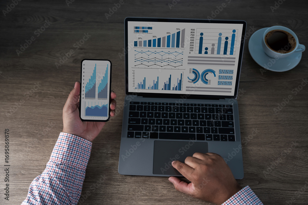 Poster business data dashboard concept, showing analytics charts on laptop and smartphone. professional wor