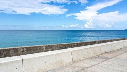 Fototapeta premium Seawall parapet line with distant horizon banner ready space wallpaper background representing coastal structure suitable for modern minimal design and editorial use