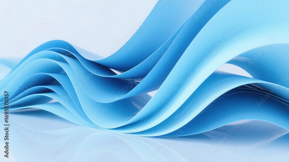Poster abstract image featuring flowing, curved blue shapes against a light background, creating a sense of