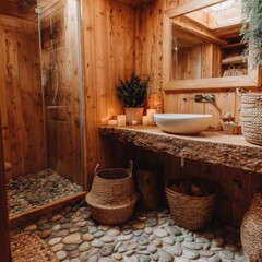 A cozy, natural bathroom featuring a wooden cabin aesthetic and a stone-laid floor.