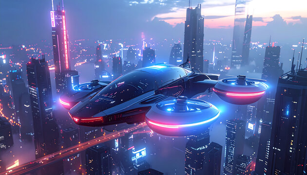 A futuristic flying vehicle hovers over a neon-lit cityscape at dusk, showcasing advanced technology and urban development.