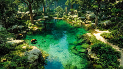 Fototapeta premium Aerial view of turquoise river in dense green forest with rocks and vegetation along banks