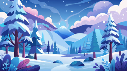 Vibrant winter landscape with snow covered trees and mountains