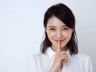 笑顔で人差し指を口元に添える可愛い日本人女性