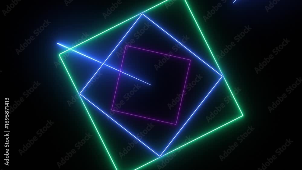 Poster geometric neon shapes a modern abstract composition with glowing squares and lines on a black backgr