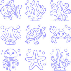 Delightful Marine Life Line Art Collection with Fish, Turtle, Crab, and Coral Illustrations