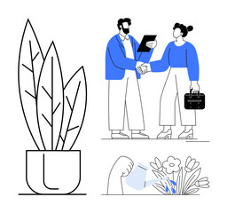 People shaking hands for teamwork, leafy potted plant, and watering flowers. Ideal for business, teamwork, growth, environmental care, gardening collaboration sustainability messages. Simple flat