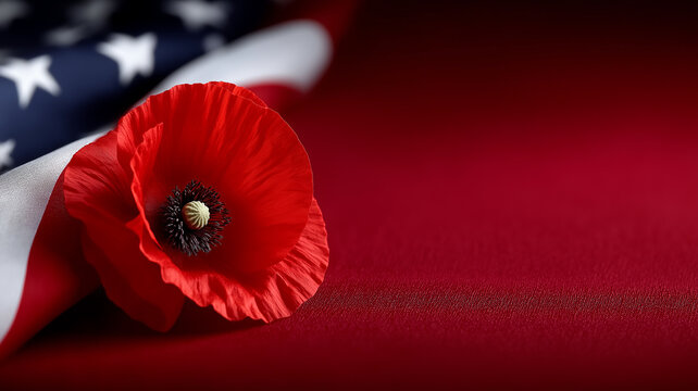 Memorial Day composition with US flag folds and textures alongside symbolic poppy flower honoring veterans and fallen heroes with copy space