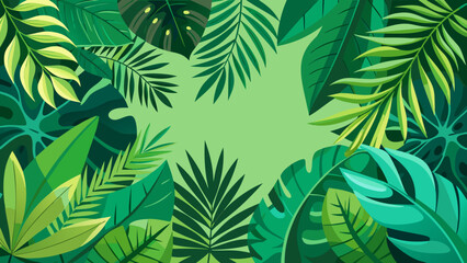Vibrant tropical jungle leaves border with light green background